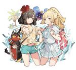  2girls alolan_exeggutor backpack bag bangs beanie blonde_hair blunt_bangs blush brown_hair clenched_hands closed_mouth cosmog eyelashes floral_print green_eyes green_shorts grey_eyes grin hands_up hat lillie_(pokemon) litten long_hair medium_hair multiple_girls pleated_skirt pokemon pokemon_(creature) pokemon_(game) pokemon_sm ponytail red_headwear selene_(pokemon) shirt short_shorts short_sleeves shorts shoulder_bag skirt smile starshadowmagician t-shirt teeth tied_shirt white_skirt yellow_shirt 