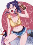  1girl abicomiyushi alcohol beer beer_can belt bird breasts brown_belt can cleavage crop_top earrings highres jewelry katsuragi_misato large_breasts navel neon_genesis_evangelion one_eye_closed open_mouth penguin penpen ponytail shirt tank_top teeth tied_shirt translation_request 