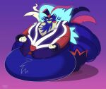  2022 878292_(artist) asmodeus_(helluva_boss) belly big_belly blue_body clothed clothing demon digital_drawing_(artwork) digital_media_(artwork) helluva_boss male morbidly_obese morbidly_obese_male obese obese_male open_mouth overweight overweight_male simple_background solo watermark 
