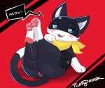  anthro anus atlus balls blue_eyes butt domestic_cat felid feline felis fluffydasher genitals hi_res legs_up male mammal megami_tensei megami_tensei_persona morgana_(persona) pawpads penis simple_background solo video_games 