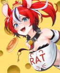  1girl animal_ears bagel blue_eyes breasts cleavage collar detached_sleeves hakos_baelz highres hololive hololive_english key leaning_forward midriff mintz912 mouse_ears mr._squeaks_(hakos_baelz) multicolored_hair navel red_hair sharp_teeth spiked_collar spikes strapless streaked_hair teeth tube_top virtual_youtuber yellow_background 