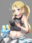  1girl aged_down astrid_(pokemon) blue_eyes breasts cosplay froakie highres long_hair non-web_source pokemon serena_(pokemon) serena_(pokemon)_(cosplay) skirt 