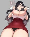  1girl agawa_ryou artist_name black_hair black_panties breast_lift breasts breasts_out dated english_commentary from_below grey_background large_breasts long_hair looking_at_viewer looking_down original panties pantyshot purple_eyes red_skirt shirt skirt smile thick_thighs thighs underwear white_shirt 