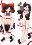  1girl ass_visible_through_thighs barefoot bed_sheet black_choker black_hair black_jacket bra bra_lift breasts choker closed_mouth collarbone dakimakura_(medium) feet from_above frown full_body green_eyes hair_ribbon holding holding_pokemon jacket legs legs_up long_hair long_sleeves looking_at_viewer love_ball lying marnie_(pokemon) moeanime morpeko morpeko_(hangry) nipples nude on_back open_clothes open_jacket panties panty_pull pink_bra pink_panties poke_ball pokemon pokemon_(creature) pokemon_(game) pokemon_swsh pussy red_ribbon ribbon shiny shiny_hair small_breasts split_screen spread_legs toes twintails underwear 