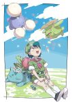  1girl :d absurdres bangs belt belt_buckle black_belt black_footwear black_hair border breast_pocket buckle donnpati green_headwear green_shirt green_shorts hat highres holding ivysaur jumpluff knees looking_up open_mouth picnicker_(pokemon) pocket poke_ball pokemon pokemon_(creature) pokemon_(game) pokemon_gsc shirt shoes short_hair short_sleeves shorts sitting skiploom smile socks tongue white_border white_socks 