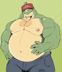  2022 anthro appletrucker appletun barazoku bottomwear chest_markings clothed clothing dated deadanthro dragon elemental_creature facial_hair flora_fauna generation_8_pokemon green_background green_body green_scales hand_on_stomach male markings muscular muscular_male navel nintendo nipples obscured_eyes overweight overweight_male pants pecs plant pokemon pokemon_(species) scales sharp_teeth signature simple_background solo tan_body tan_scales teeth topless underbite video_games 