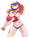  1girl absurdres aki-chan_(dismaiden) breasts cleavage dismaiden hair_ornament hairclip highres in_the_face large_breasts motion_blur navel original ponytail red_hair signature solo sports_bra sportswear volleyball volleyball_uniform 