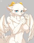 anthro blue_eyes breasts dragon enoiz feathered_wings feathers featureless_breasts female fur furred_dragon grey_background hi_res horn looking_at_viewer neck_tuft nude simple_background solo tuft white_body white_feathers white_fur wings 