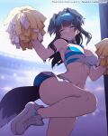  1girl animal_ears animated animated_gif arm_up armpits bare_arms black_hair blinking blue_archive blue_eyes blush breasts cheerleader closed_mouth crop_top dog_ears dog_tail goggles goggles_on_head hibiki_(blue_archive) hibiki_(cheerleader)_(blue_archive) holding holding_pom_poms large_breasts long_hair pom_pom_(cheerleading) shoes skirt solo standing standing_on_one_leg stomach sweat tail tail_wagging waero white_footwear white_skirt 