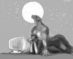  2022 anthro anthro_on_anthro anthro_penetrated anthro_penetrating anthro_penetrating_anthro biped canid canine claws custapple digital_media_(artwork) distracted_sex duo finger_claws full_moon grey_background greyscale hi_res interspecies larger_anthro larger_male lizard looking_at_monitor male male/male male_penetrated male_penetrating male_penetrating_male mammal monitor monitor_lizard monochrome moon muscular muscular_anthro muscular_male outside_sex penetration reptile scalie sex simple_background size_difference smaller_anthro smaller_male star 