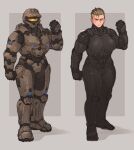  1girl armor bodysuit breasts commentary english_commentary full_body halo_(series) helmet highres justrube looking_at_viewer muscular muscular_female original power_armor scar scar_across_eye short_hair signature spartan_(halo) two-tone_background variations 