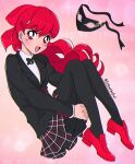  1990s_(style) 1girl bangs black_pantyhose breasts curled_up hair_ribbon hands_under_legs highres joshuathefruit long_hair looking_at_viewer mask open_mouth own_hands_together pantyhose persona persona_5 ponytail red_eyes red_footwear red_hair red_ribbon retro_artstyle ribbon school_uniform shuuchiin_academy_school_uniform small_breasts smile solo watermark yoshizawa_kasumi 