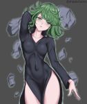  1girl ahoge arm_behind_head bangs black_dress blush breasts collared_dress covered_navel curly_hair debris dress green_eyes green_hair grey_background highres linea_alba long_sleeves looking_at_viewer medium_breasts no_panties one-punch_man pale_skin psychic shadertoons short_hair side_slit simple_background solo tatsumaki telekinesis telepathy thighs twitter_username 