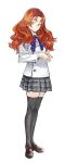  1girl full_body highres hiro_(chumo) miniskirt orange_hair original plaid plaid_skirt pleated_skirt school_uniform skirt smile solo steepled_fingers thick_eyebrows thighhighs wavy_hair yellow_eyes zettai_ryouiki 