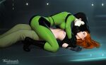  2girls ass black_hair bodysuit breasts cargo_pants clothes_lift colored_skin girl_on_top green_bodysuit highres kim_possible kimberly_ann_possible looking_at_another multicolored_bodysuit multicolored_clothes multiple_girls navel pants red_hair restrained shego shirt_lift straddling tarakanovich underboob white_skin yuri 