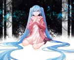  1girl :d absurdly_long_hair bangs blue_eyes blue_hair coat dress full_body hair_between_eyes hatsune_miku highres kika kneeling long_hair long_sleeves open_clothes open_coat own_hands_clasped own_hands_together red_coat short_dress smile solo twintails very_long_hair vocaloid white_dress 