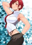  1girl akisu_k arm_behind_head arm_up black_gloves black_pants blue_background breasts cowboy_shot gloves looking_at_viewer multicolored_background necktie pants parted_lips red_eyes red_hair red_necktie shirt sleeveless sleeveless_shirt solo standing suspenders the_king_of_fighters vanessa_(kof) white_background white_shirt 