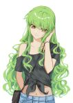  1girl absurdres alternate_hairstyle arm_behind_back bangs black_shirt c.c. casual closed_mouth clothing_cutout code_geass collarbone curly_hair floating_hair green_hair hair_between_eyes hand_in_own_hair head_tilt highres long_hair looking_at_viewer midriff navel okuseric shiny shiny_hair shirt short_sleeves shoulder_cutout simple_background smile solo standing stomach tied_shirt very_long_hair white_background yellow_eyes 