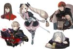  2girls 3boys :d armor bag black_footwear black_gloves black_hair black_thighhighs blonde_hair book boots brown_hair closed_eyes dress drill_hair earrings elise_(fire_emblem) fingerless_gloves fire_emblem fire_emblem_fates gaius_(fire_emblem) gloves grey_hair highres holding holding_bag holding_book jewelry leo_(fire_emblem) long_hair long_sleeves mik_blamike multiple_boys multiple_girls navarre_(fire_emblem) open_book open_mouth orange_hair purple_eyes purple_hair robin_(fire_emblem) robin_(fire_emblem)_(female) simple_background smile thigh_boots thighhighs upper_body very_long_hair white_background 