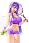  1girl :d artist_name ball bangs bare_arms bare_shoulders breasts collarbone commentary commission cowboy_shot doki_doki_literature_club dolphin_shorts hair_between_eyes highres holding holding_ball large_breasts midriff navel open_mouth potetos7 purple_eyes purple_hair purple_shorts racket shorts sidelocks smile solo symbol-only_commentary tennis_ball tennis_net tennis_racket visor_cap watermark wristband yuri_(doki_doki_literature_club) 