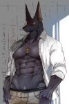  abs anthro anubian_jackal anubis bottomwear canid canine canis clothed clothing deity egyptian_mythology eyewear hi_res jackal jewelry male mammal middle_eastern_mythology muscular muscular_anthro muscular_male mythology necklace open_clothing open_shirt open_topwear pants passionpit777 pecs shirt solo sunglasses topwear 