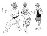  1girl antenna_hair backpack bag barefoot clenched_hand clenched_hands dougi frown greyscale high_kick hiro_(chumo) karate_gi kicking martial_arts_belt medium_skirt monochrome original pleated_skirt pointing school_uniform shoes short_hair sitting skirt sneakers wariza 