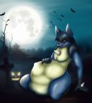  absurd_res anthro belly big_belly blue_body blue_fur food fruit fur generation_4_pokemon halloween hi_res holidays light lucario male moon moonlight nintendo pink_tongue plant pokemon pokemon_(species) pumpkin red_eyes solo tongue tsonic video_games vore yellow_belly yellow_body yellow_skin 