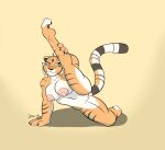  anthro big_breasts breasts daison_the_fox dreamworks feet felid feline female flexible genitals hi_res kung_fu_panda mammal master_tigress nipples nude pantherine pawpads paws pussy raised_leg simple_background solo stretching stripes tiger 