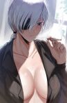  1girl black_shirt breasts chainsaw_man cigarette cleavage collared_shirt eyepatch hair_over_one_eye highres holding holding_cigarette i-chandraws large_breasts long_hair ponytail quanxi_(chainsaw_man) shirt sweat white_hair window 