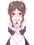  1girl :o alternate_costume apron bangs bespectacled black-framed_eyewear black_dress black_hair blush brooch brown_eyes collared_dress dress enmaided frilled_apron frills glasses hands_up hat highres idolmaster idolmaster_cinderella_girls jewelry juliet_sleeves long_sleeves looking_at_viewer maid maid_apron mob_cap nose_blush parted_bangs parted_lips puffy_sleeves round_eyewear sidelocks simple_background solo tachibana_arisu white_apron white_background yuku_(kiollion) 