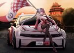  absurdres architecture azur_lane breasts car castle chao_ho_(azur_lane) checkered_flag checkered_hairband checkered_sleeves cleavage detached_sleeves dragon_empery_(emblem) east_asian_architecture flag grey_hair ground_vehicle hair_horns high_heels highres kcar66t large_breasts leotard motor_vehicle multicolored_hair outdoors purple_eyes purple_hair race_queen race_vehicle racecar red_footwear red_leotard split-color_hair sunset thighhighs 