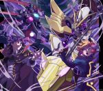  2boys absurdres accesscode_talker ai_(yu-gi-oh!) armor ascot black_hair blonde_hair bodysuit cape closed_mouth duel_monster earrings epaulettes fujiki_yuusaku green_eyes highres holding holding_polearm holding_scythe holding_weapon jewelry lance long_sleeves mecha medium_hair multicolored_hair multiple_boys open_mouth outstretched_arm playmaker polearm purple_hair red_hair robot scythe streaked_hair the_arrival_cyberse_@ignister twitter_username weapon yellow_eyes yu-gi-oh! yu-gi-oh!_vrains zealmaker 