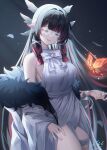  1girl bangs black_hair blunt_bangs blush breasts bug butterfly closed_eyes columbina_(genshin_impact) dress eric_(tianqijiang) eye_mask genshin_impact highres long_hair medium_breasts multicolored_hair red_hair sidelocks solo streaked_hair white_dress white_mask wing_hair_ornament 