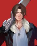  1boy bangs black_gloves black_jacket blue_eyes brown_hair collarbone final_fantasy final_fantasy_viii fur_trim gloves gunblade hand_on_hip highres jacket jewelry long_sleeves looking_to_the_side male_focus necklace nini_tw99 over_shoulder parted_bangs parted_lips red_background red_pupils scar scar_on_face scar_on_forehead shirt short_hair solo squall_leonhart upper_body weapon weapon_over_shoulder white_shirt 