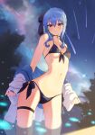  1girl bare_shoulders bikini blue_eyes blue_hair blue_nails blush bow bowsan breasts choker collarbone front-tie_bikini_top front-tie_top hair_bow highres hololive hoshimachi_suisei jacket jacket_partially_removed looking_at_viewer medium_hair nail_polish navel night night_sky parted_lips partially_submerged shooting_star side-tie_bikini_bottom side_ponytail sky small_breasts solo star_(symbol) star_choker stomach swimsuit thigh_strap virtual_youtuber water 