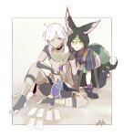  2boys absurdres all_fours animal_ear_fluff animal_ears bangs black_choker black_gloves black_hair black_shorts black_socks card choker cyno_(genshin_impact) dark-skinned_male dark_skin earrings egyptian_clothes fox_boy fox_ears fox_tail genshin_impact gloves gnsn_aile022 hair_between_eyes highres holding holding_card jewelry long_hair male_focus medal multicolored_hair multiple_boys no_headwear orange_eyes parted_lips red_eyes shorts signature single_earring sitting socks streaked_hair tail tassel tighnari_(genshin_impact) toeless_legwear vision_(genshin_impact) white_hair 