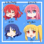  4girls :d :| ahoge asymmetrical_hair bangs blonde_hair blue_background blue_eyes blue_hair blunt_tresses blush_stickers bocchi_the_rock! character_name chibi closed_mouth cropped_shoulders dark_blue_hair excited expressionless facing_viewer furrowed_brow gotou_hitori hair_between_eyes hair_ornament high_collar highres ijichi_nijika jitome kerorira kita_ikuyo long_hair looking_at_viewer mole mole_under_eye multiple_girls neck_ribbon no_nose no_pupils notice_lines one_side_up open_mouth pink_hair portrait red_eyes red_hair ribbon short_hair side_ponytail simple_background smile turtleneck v-shaped_eyebrows wing_collar yamada_ryou yellow_eyes 