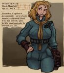  belt bethesda_softworks big_breasts black_eyes blonde_hair bodysuit breasts clothing curled_tail fallout fan_character female hair hand_on_hip huge_breasts human jumpsuit lore mammal mature_female md34 medium_hair pale_skin pip-boy skinsuit smile solo technology tight_clothing vault_dwellers_(fallout) vault_suit video_games wardrobe_malfunction wide_hips 