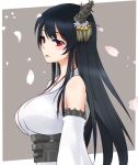  1girl bangs black_hair breasts detached_sleeves eyelashes fusou_(kancolle) hair_ornament headgear izumikuma japanese_clothes kantai_collection large_breasts lips long_hair looking_at_viewer nontraditional_miko petals red_eyes simple_background solo upper_body very_long_hair 