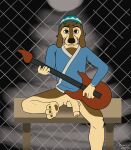  anthro canid canine canis clothing domestic_dog fence flat_colors gate guitar hat headgear headwear hi_res lewd_latte male mammal musical_instrument plucked_string_instrument robe rock_dog simple_background smile solo spotlight street_lamp string_instrument 