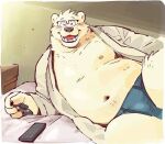  anthro bedding bulge eyewear garouzuki glasses inside ken_(garouzuki) looking_at_viewer male mammal moobs navel overweight overweight_male pawpads polar_bear smile smiling_at_viewer solo tv_remote ursid ursine 