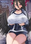  1girl :o bangs black_choker black_hair black_wings blue_archive blue_jacket blue_shorts blush breasts choker commentary_request feathered_wings gym_storeroom gym_uniform hair_between_eyes halo hasumi_(blue_archive) hasumi_(gym_uniform)_(blue_archive) heart highres huge_breasts indoors jacket long_hair long_sleeves looking_at_viewer low_wings mizuta_kenji mole mole_under_eye open_mouth red_eyes shirt short_shorts shorts signature sitting solo speech_bubble thighs translation_request twitter_username very_long_hair wings 