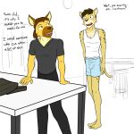  anthro barefoot bottomwear boxers_(clothing) cheetah clothed clothing dialogue duo english_text facial_hair feet felid feline fully_clothed furniture fuze fuzeyeen hi_res hyaenid male male/male mammal mustache pants pantsless shirt sketch sketch_background spotted_hyena stubble t-shirt table tank_top text topwear underwear 