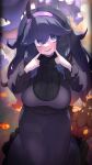  1girl @_@ ahoge bangs black_dress blush breasts commentary dress forced_smile grey_dress grey_eyes grey_hair hair_between_eyes hairband haunter hex_maniac_(pokemon) highres kashu_(hizake) large_breasts long_dress long_hair long_sleeves looking_at_viewer messy_hair open_mouth pokemon pokemon_(creature) pokemon_(game) pokemon_xy pumpkaboo purple_eyes purple_hair purple_hairband smile solo symbol-only_commentary 