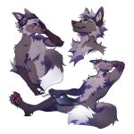  2022 4_toes 5_fingers anthro canid canine digital_media_(artwork) eyebrows eyelashes eyewear feet fingers fox fur glasses grey_body grey_fur headophones hi_res male mammal nude pawpads reilukah sitting solo toes yellow_eyes 