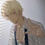  1boy amuro_tooru blonde_hair blue_eyes hand_up highres indoors male_focus meitantei_conan panmijin99 shirt short_hair undone_necktie upper_body white_shirt 