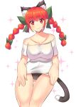  1girl animal_ears ass_visible_through_thighs bad_arm bare_shoulders blush braid breasts cat_ears collarbone cowboy_shot fang fang_out hagezizii kaenbyou_rin large_breasts off-shoulder_shirt off_shoulder red_eyes shirt skin_fang solo sparkle sparkle_background touhou twin_braids v-shaped_eyebrows 