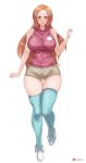  1girl arm_up bleach blue_thighhighs breasts brown_eyes brown_hair highres hood hoodie huge_breasts inoue_orihime lips long_hair narrow_waist o22no pink_hoodie redrawn short_shorts shorts skindentation sleeveless smile solo thick_thighs thighhighs thighs 