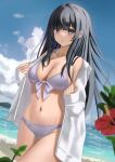  1girl aimi_(tikichin0229) bangs bare_shoulders beach bikini black_hair blue_eyes blue_sky breasts cloud commentary_request cowboy_shot day flower grey_bikini hibiscus jacket large_breasts long_hair looking_at_viewer navel off_shoulder open_clothes open_jacket original parted_lips red_flower sky solo standing stomach swimsuit thighs very_long_hair white_jacket 