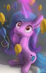  2022 absurd_res auroriia balloon birthday blue_hair blue_tail cutie_mark digital_media_(artwork) equid equine female feral hair happy hasbro hi_res horn inflatable izzy_moonbow_(mlp) looking_up magic mammal mlp_g5 my_little_pony open_mouth purple_body purple_eyes signature sitting unicorn 